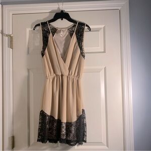 Tan and Black Lace Trim dress with Back Cutout